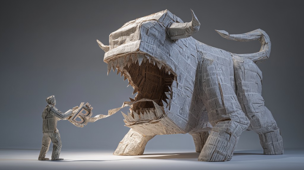 A paper bull made of financial documents devouring a Bitcoin symbol held by a paper figure